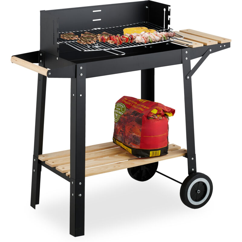 foto del prodotto relaxdays barbecue carbonella con ruote, griglia regolabile con paravento, 2 ripiani, hlp 80,5x86x42 cm, acciaio, legno