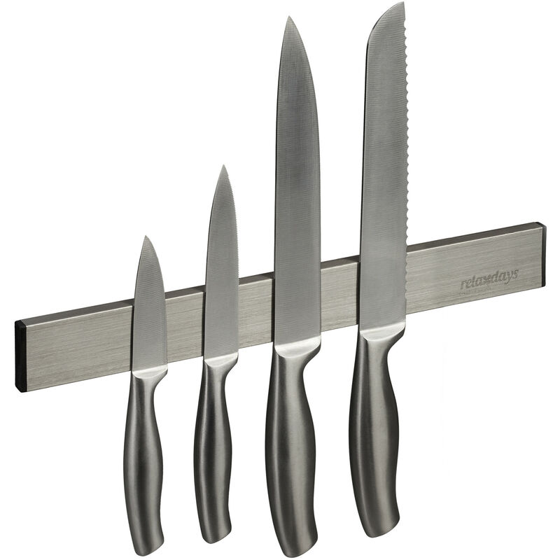 foto del prodotto relaxdays barra magnetica portacoltelli in acciaio inox, autoadesiva, asta lunga 30 cm, guida a parete, argento nero