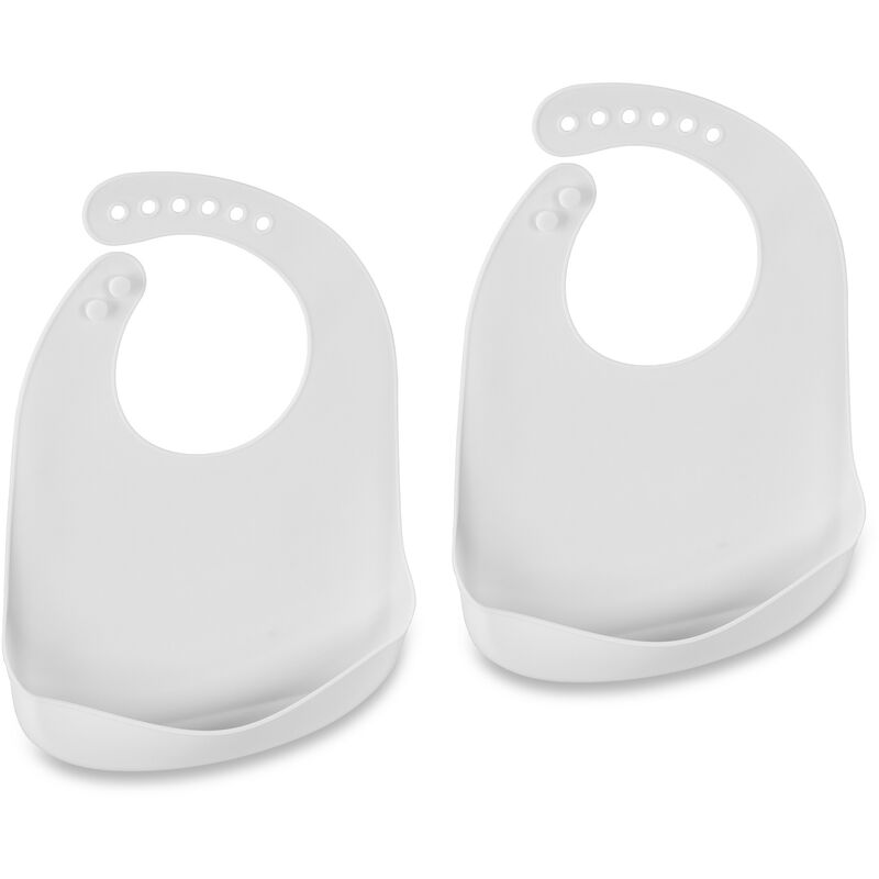 foto del prodotto relaxdays bavaglini silicone con tasca, set da 2 bavettine con raccoglipappa, senza bpa, bavette lavabili, bianco
