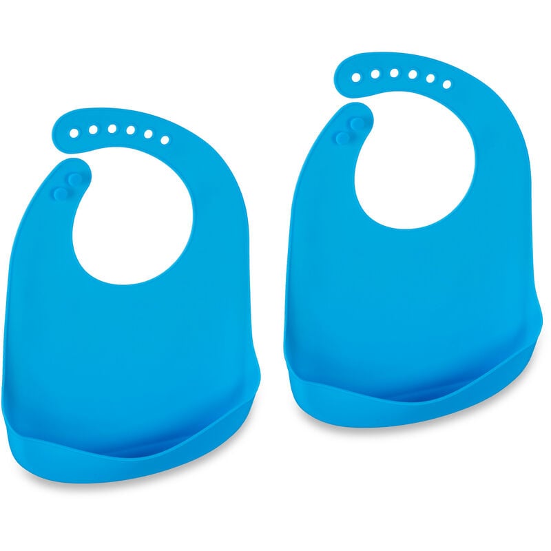 foto del prodotto relaxdays bavaglini silicone con tasca, set da 2 bavettine con raccoglipappa, senza bpa, bavette lavabili, blu