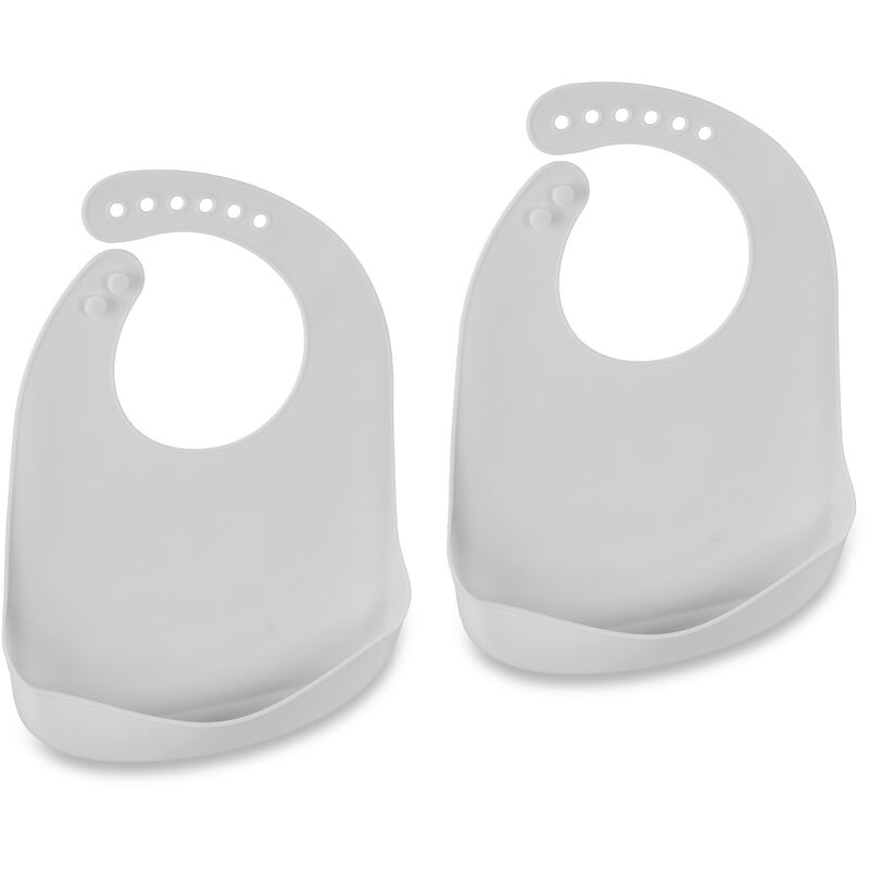 foto del prodotto relaxdays bavaglini silicone con tasca, set da 2 bavettine con raccoglipappa, senza bpa, bavette lavabili, grigio chiaro