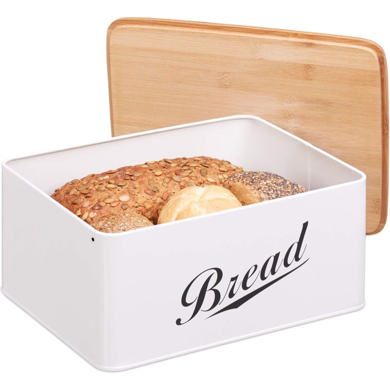 foto del prodotto relaxdays bianco portapane, contenitore in stile vintage, coperchio in bamb , scritta bread, metallo, 14x30,5x23,5 cm, ferro