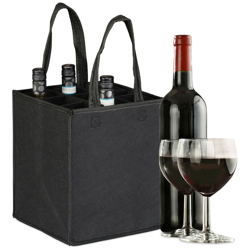 foto del prodotto relaxdays borsa porta bottiglie di vino e birra, 9 scomparti, portabottiglie e shopping bag, 45x24x24 cm, nero