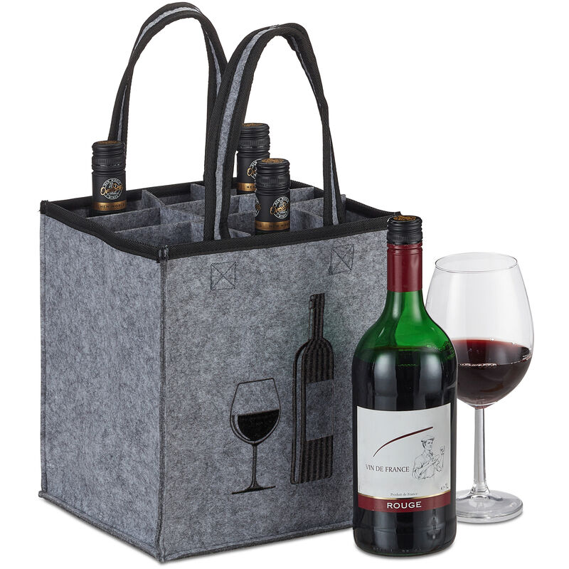 foto del prodotto relaxdays borsa portabottiglie, 9 scomparti porta bottiglie di vino o birra, plastica o vetro, hlp 45x24x24 cm, grigio