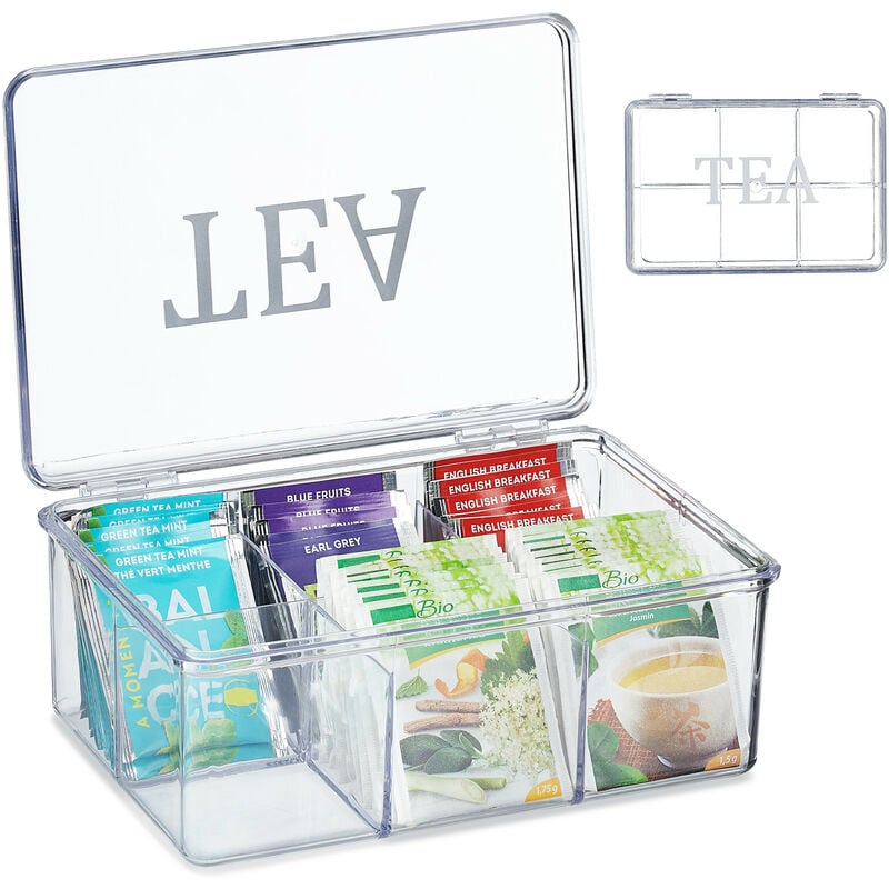 foto del prodotto relaxdays box porta t e tisane, 6 scomparti, con coperchio, 9x21,5x15 cm, organizer per bustine, plastica, trasparente