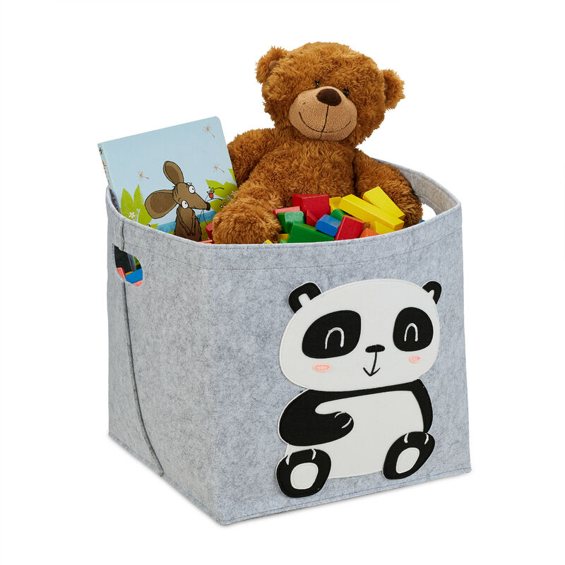 foto del prodotto relaxdays box portagiocattoli, cesta in feltro portaoggetti, hxlxp 33x34x32 cm, design panda, cameretta bambini, grigio