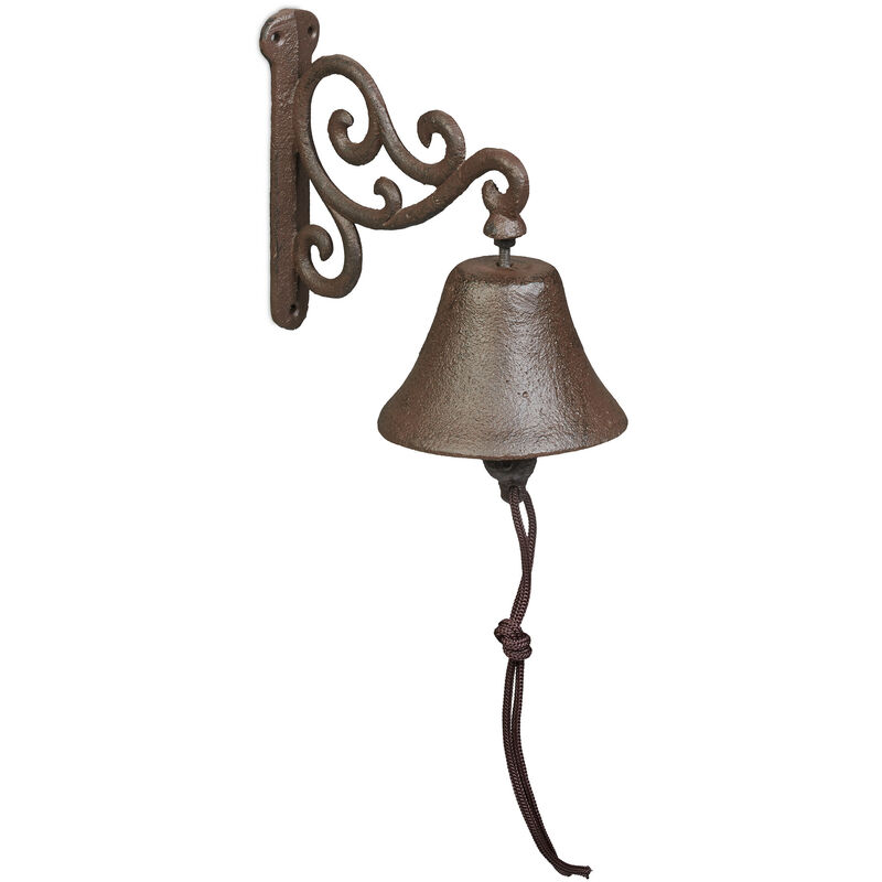 foto del prodotto relaxdays campanella da muro in ghisa, design antico, campana decorativa con corda per esterni, 15,5x10x17,5 cm, marrone