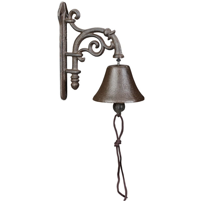 foto del prodotto relaxdays campanella da muro in ghisa, design antico, campana decorativa con corda, per esterni, 19 x 10 x 17cm, marrone