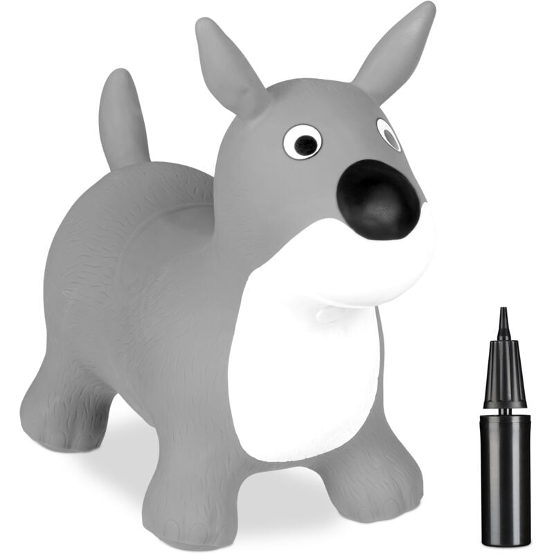 foto del prodotto relaxdays cane gonfiabile per bambini, animale saltellante, max. 50 kg, senza bpa, 3 anni, pompa manuale, grigio bianco