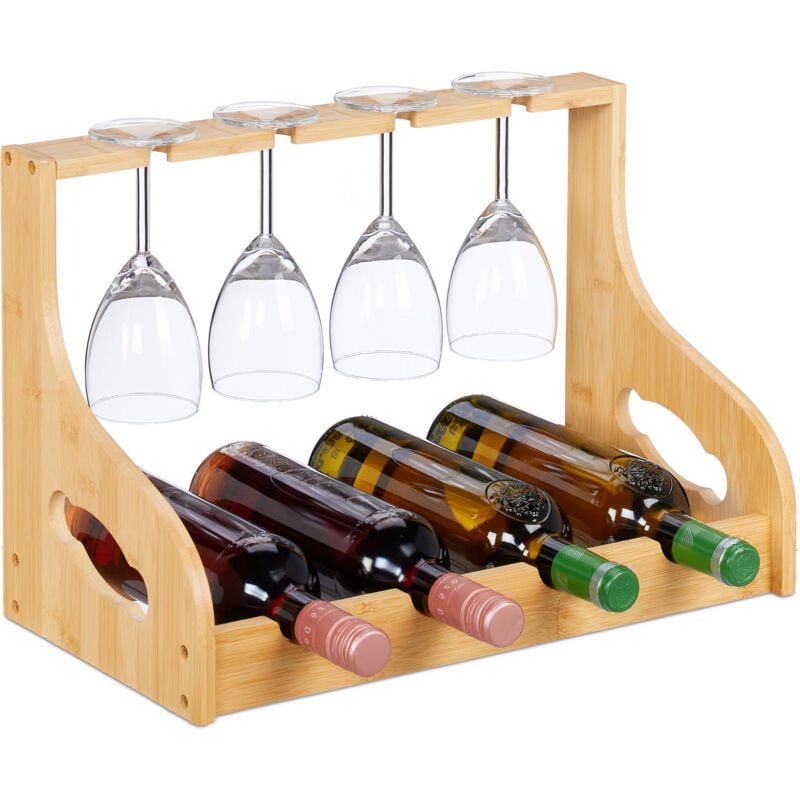 foto del prodotto relaxdays cantinetta portabottiglie, scaffale per 4 bottiglie di vino in orizzontale e bicchieri, 30x44,5x23,5 cm, bamb 