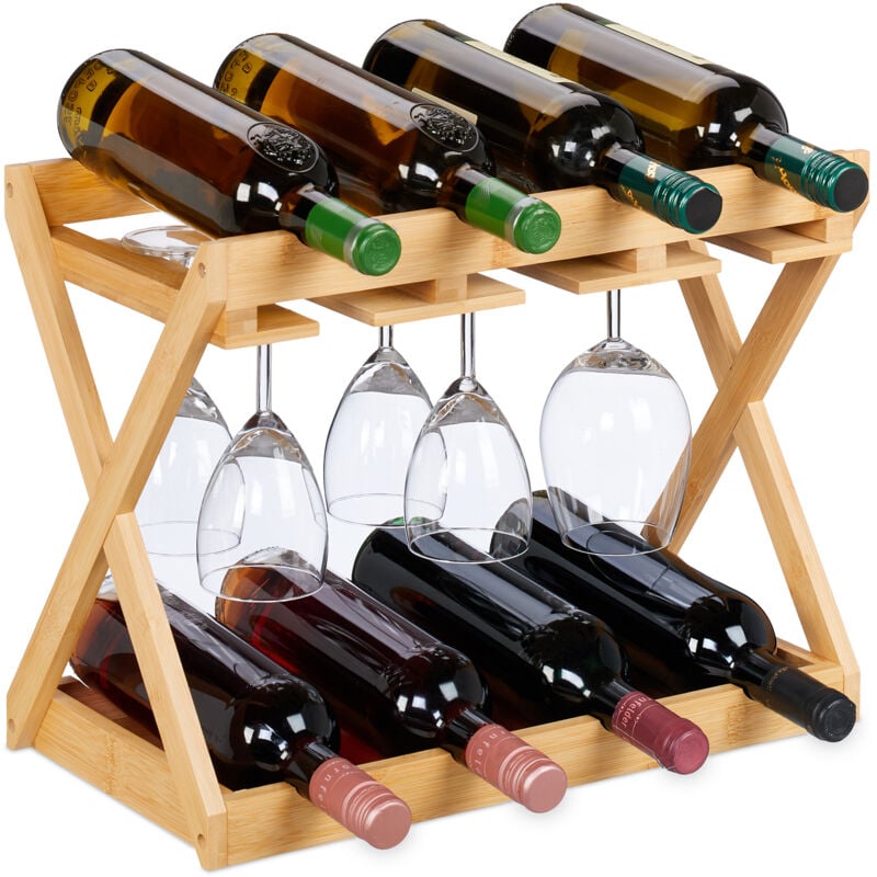 foto del prodotto relaxdays cantinetta portabottiglie, scaffale per 8 bottiglie di vino in orizzontale e 6 bicchieri, 35x45x23 cm, bamb 