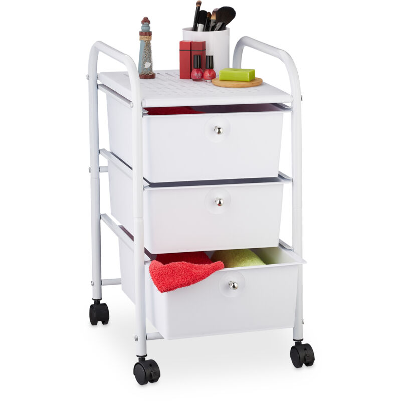 foto del prodotto relaxdays carrellino salvaspazio con 3 cassetti, metallo plastica, carrello porta trucchi da bagno, multiuso, bianco