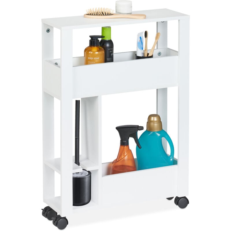 foto del prodotto relaxdays carrello bagno porta scopino, scaffale su ruote con 2 scomparti, mobile salvaspazio, 71,5x17x50 cm, bianco