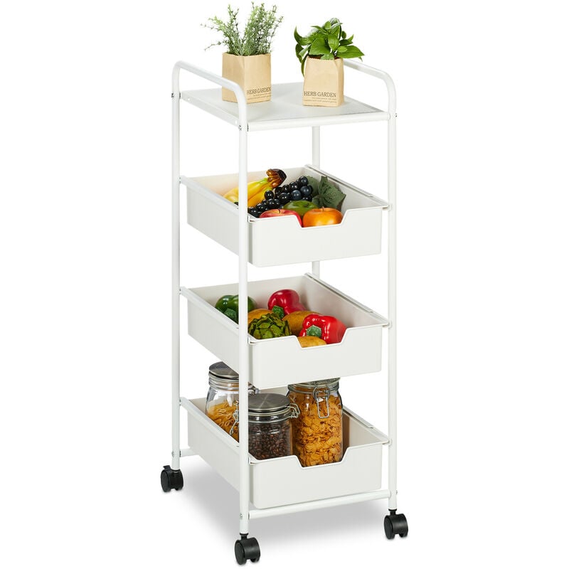 foto del prodotto relaxdays carrello da cucina con ruote, 3 cestini e ripiano portaoggetti, per bagno e ufficio, 85,5x32,5x40 cm, bianco