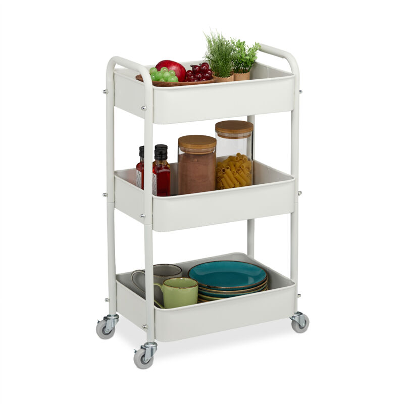 foto del prodotto relaxdays carrello da cucina con ruote, 3 ripiani, carrellino portaoggetti bagno, detersivi, 71,5x43,5x29,5 cm, bianco