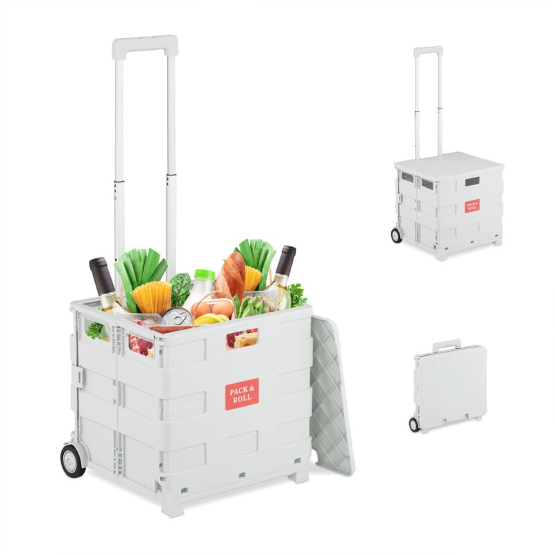 foto del prodotto relaxdays carrello per spesa pieghevole, regge 35 kg, manico telescopico e coperchio, carrellino portaspesa, bianco