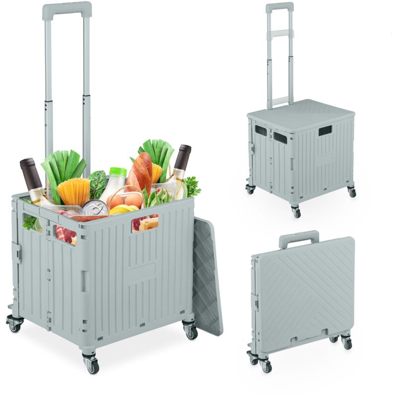 foto del prodotto relaxdays carrello per spesa pieghevole, regge 35 kg, manico telescopico e coperchio, carrellino portaspesa, grigio