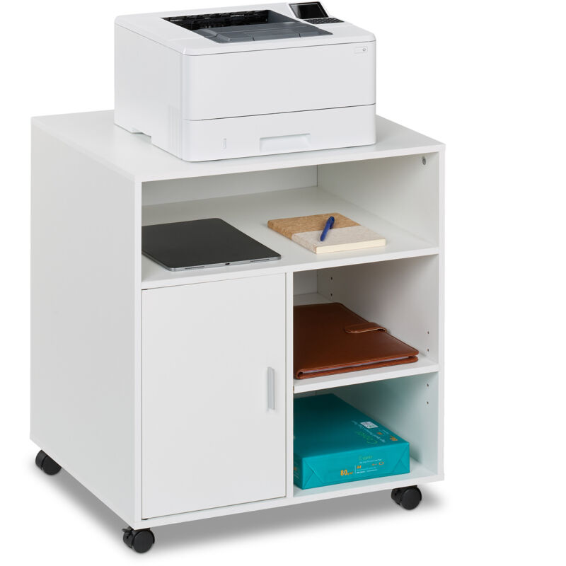 foto del prodotto relaxdays carrello porta stampante, con 5 scomparti e anta, mobiletto con ruote per ufficio, hxl 66,5x60 cm, bianco