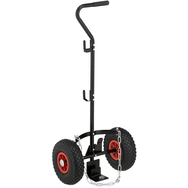 foto del prodotto relaxdays carrello portabombole, per bombole di gas da 3 e 5 kg, in acciaio, con pneumatici, ganci, catena, nero rosso