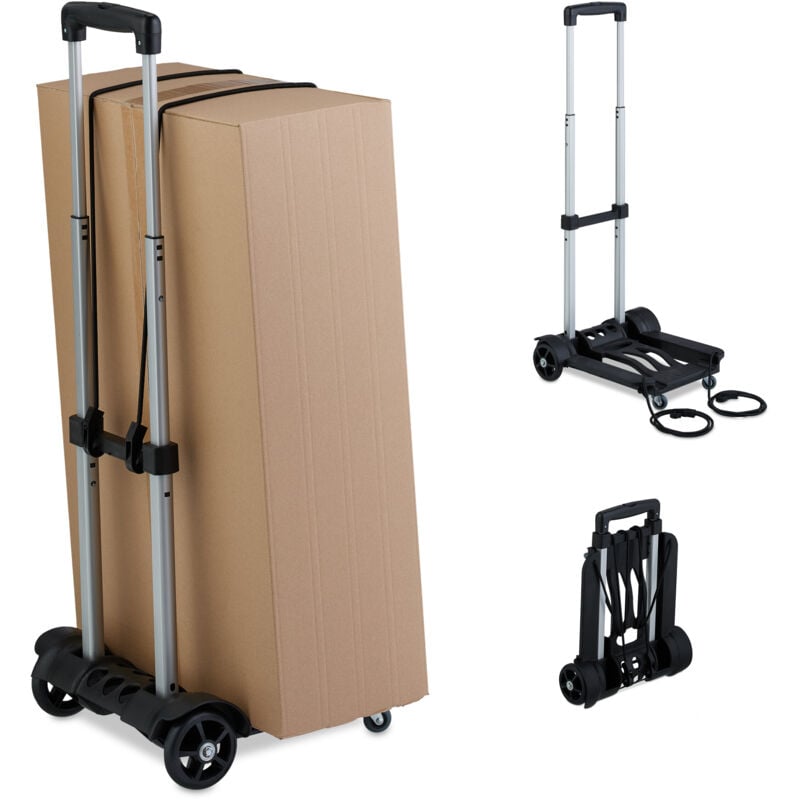 foto del prodotto relaxdays carrello portapacchi pieghevole a 2 ruote e cinghie, manico telescopico, portatutto max 25 kg, trasporto, nero
