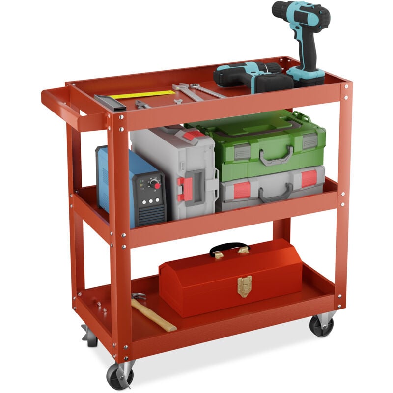 foto del prodotto relaxdays carrello portautensili officina, carrellino a 3 ripiani porta attrezzi lavoro, 76x78x35 cm, max. 100 kg, rosso