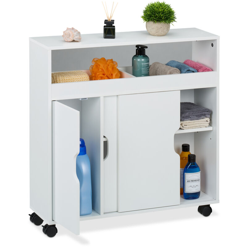foto del prodotto relaxdays carrello salvaspazio da cucina, 3 scomparti, 2 ripiani, scaffale su ruote stretto bagno, 71,5x70x20 cm, bianco