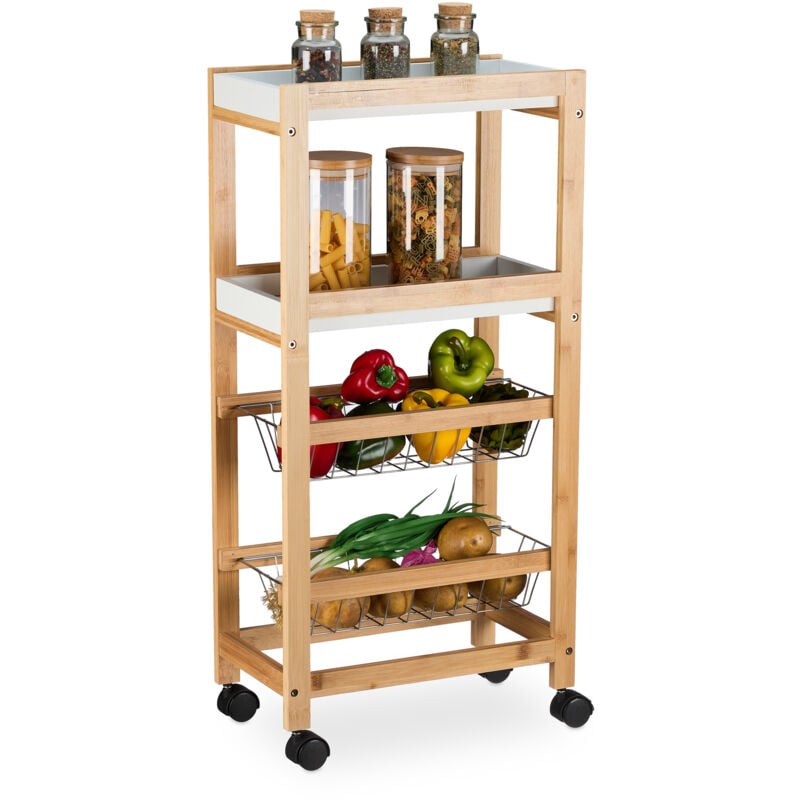 foto del prodotto relaxdays carrello salvaspazio da cucina, carrellino su ruote con 4 ripiani, hlp 83 x 22 x 40 cm, marrone chiaro bianco