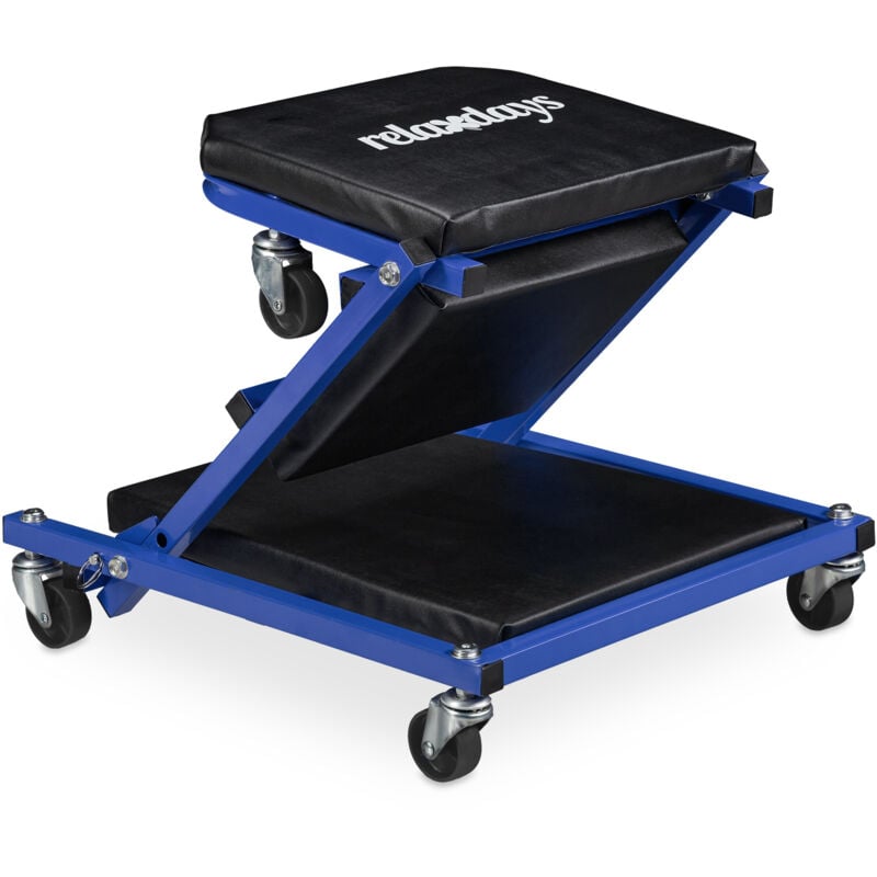 foto del prodotto relaxdays carrello sotto auto da meccanico, sgabello officina con ruote a 360 , 150 kg, pieghevole, acciaio, nero blu