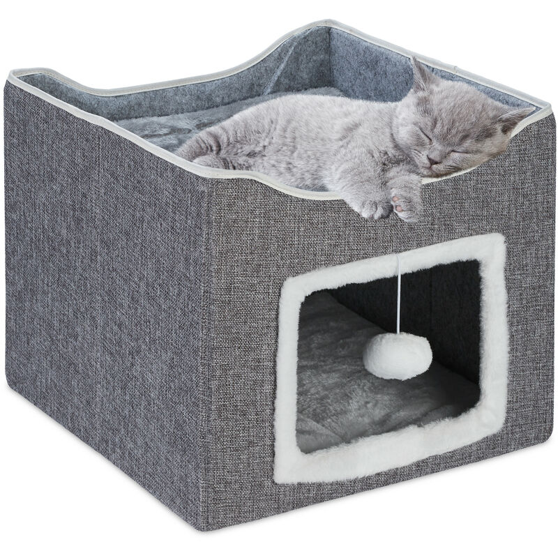 foto del prodotto relaxdays casa per gatti, cuccia morbida pieghevole, hlp 32x40x40 cm, 2 cuscini, grattatoio e palla per giocare, grigio