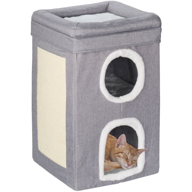 foto del prodotto relaxdays casa per gatti, cuccia morbida pieghevole, hlp 63x40x40 cm, 3 piani, tiragraffi per unghie, grigio bianco