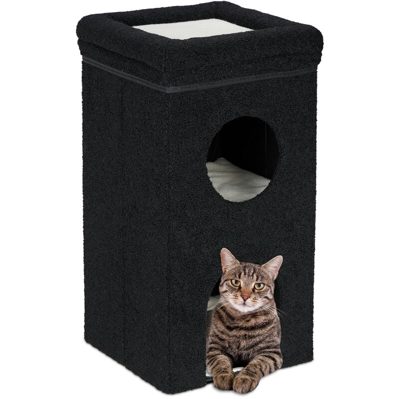 foto del prodotto relaxdays casa per gatti, hlp 76x40x40 cm, cuccia a 3 piani, tiragraffi, pieghevole, casetta con cuscini interni, nero