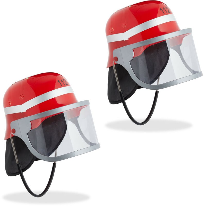 foto del prodotto relaxdays casco da pompiere per bambini, set da 2 cappelli vigile da fuoco da bimbo con visiera, 24,5x22,5x28 cm, rosso