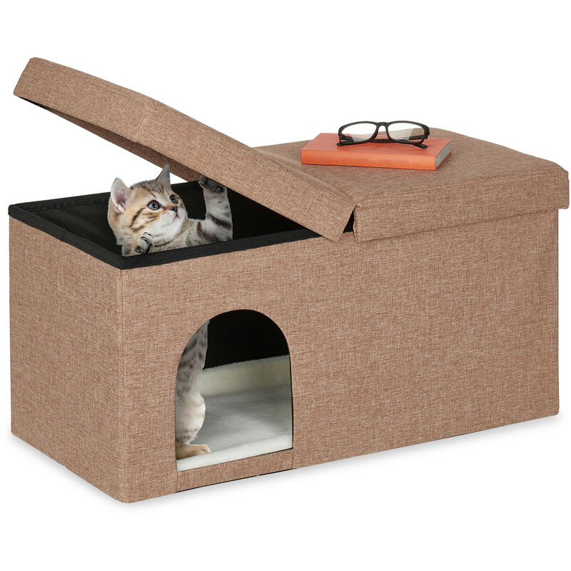foto del prodotto relaxdays cassapanca con cuccia per gatti, panca con tana per animali domestici, hlp 38,5 x 74,5 x 37 cm, marrone chiaro