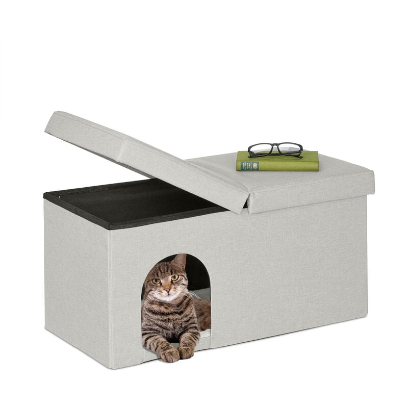 foto del prodotto relaxdays cassapanca con cuccia per gatti, panca con tana per animali domestici, hlp 38,5x74,5x37 cm, interni, beige