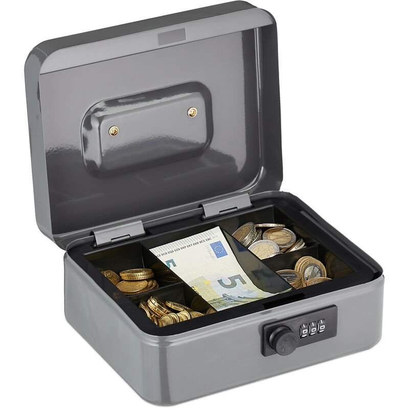 foto del prodotto relaxdays cassetta con combinazione, 3 cifre, porta soldi, valigetta in ferro, portavalori, 8,5x20x17 cm, grigio