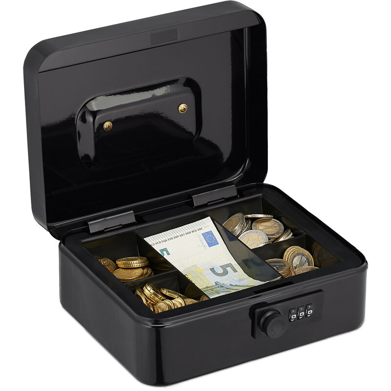 foto del prodotto relaxdays cassetta con combinazione, 3 cifre, porta soldi, valigetta in ferro, portavalori, 8,5x20x17 cm, nero