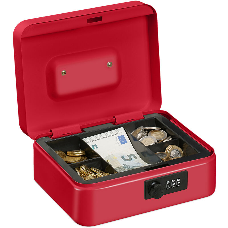 foto del prodotto relaxdays cassetta con combinazione, 3 cifre, porta soldi, valigetta in ferro, portavalori, 8,5x20x17 cm, rosso