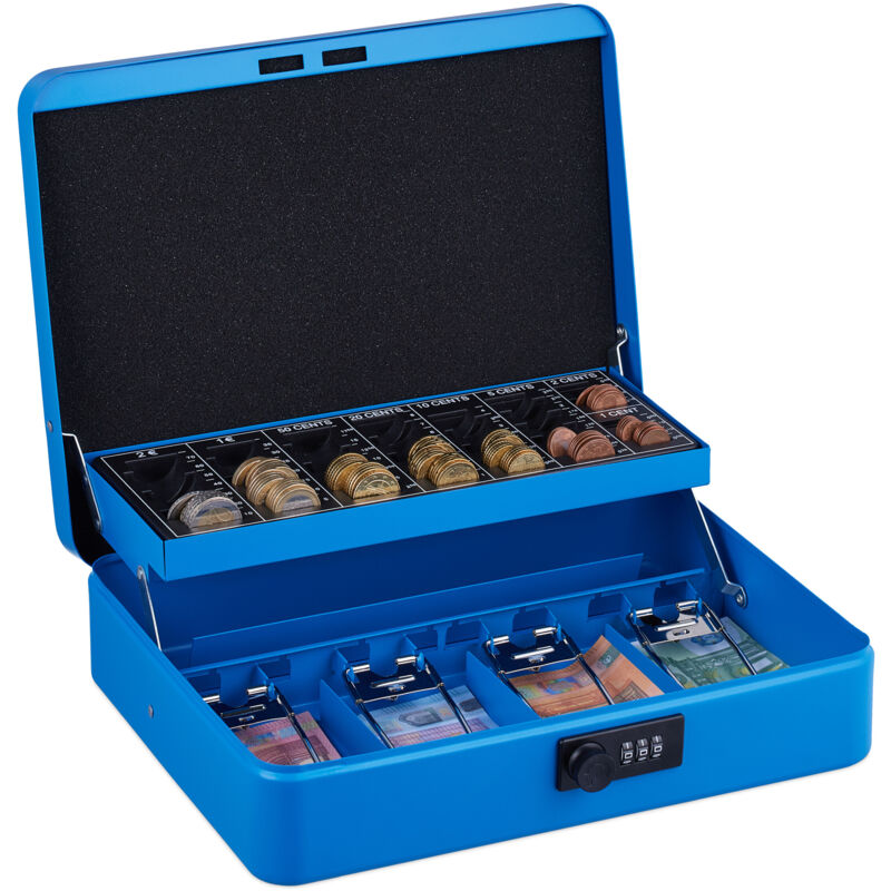 foto del prodotto relaxdays cassetta con combinazione numerica a 3 cifre, per banconote, scomparto per monete, 8,5x30,5x25 cm, blu