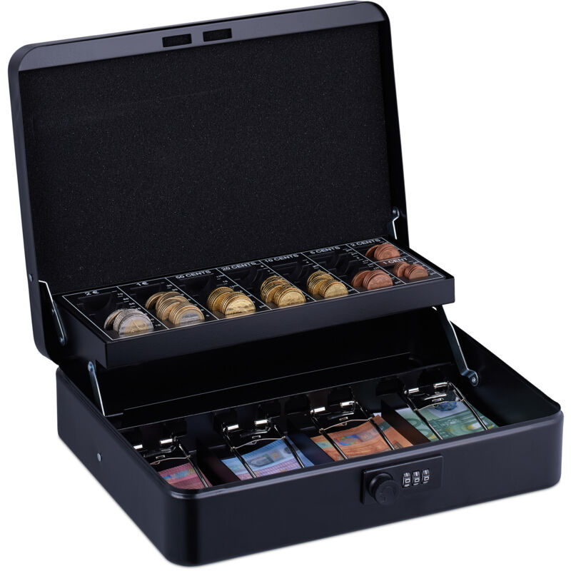 foto del prodotto relaxdays cassetta con combinazione numerica a 3 cifre, per banconote, scomparto per monete, 8,5x30,5x25 cm, nero