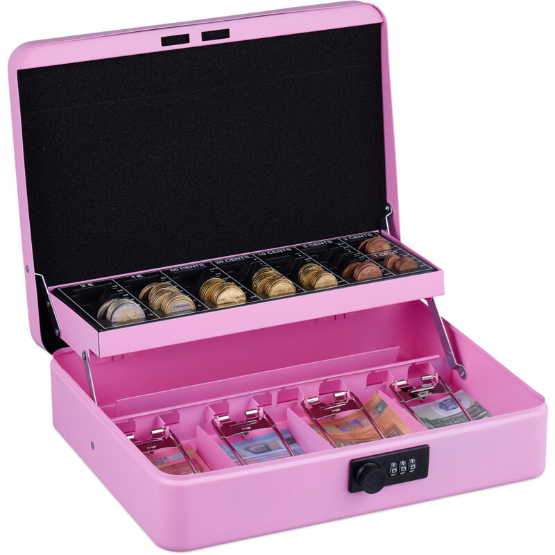 foto del prodotto relaxdays cassetta con combinazione numerica a 3 cifre, per banconote, scomparto per monete, 8,5x30,5x25 cm, rosa
