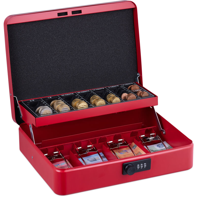 foto del prodotto relaxdays cassetta con combinazione numerica a 3 cifre, per banconote, scomparto per monete, 8,5x30,5x25 cm, rosso