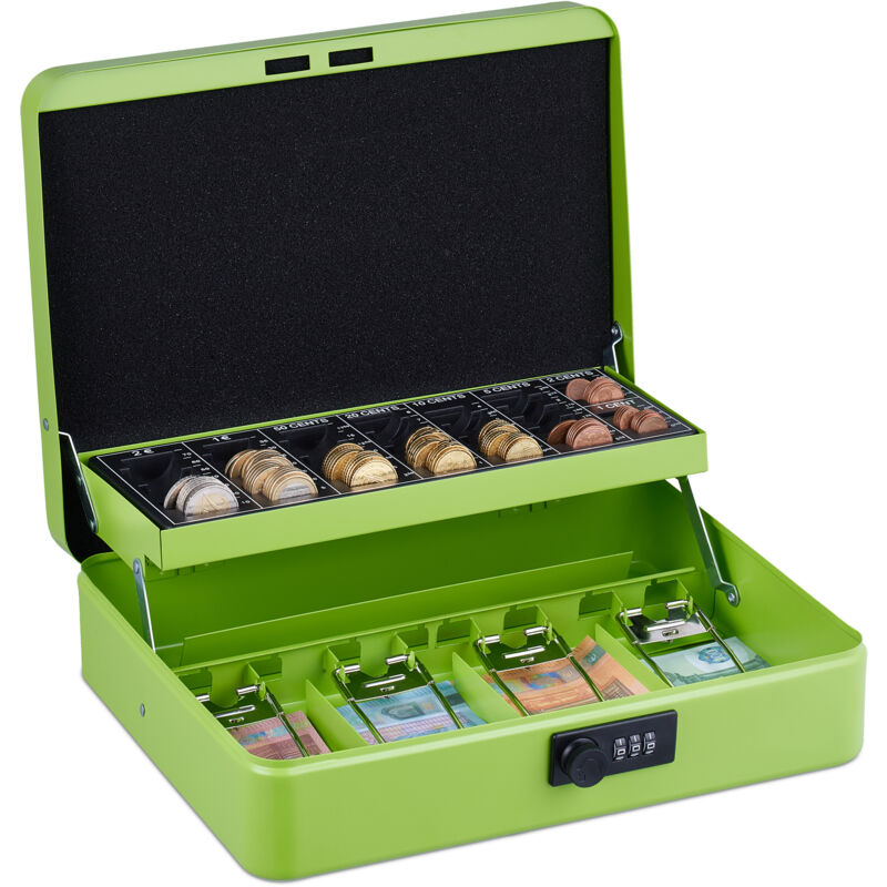 foto del prodotto relaxdays cassetta con combinazione numerica a 3 cifre, per banconote, scomparto per monete, 8,5x30,5x25 cm, verde