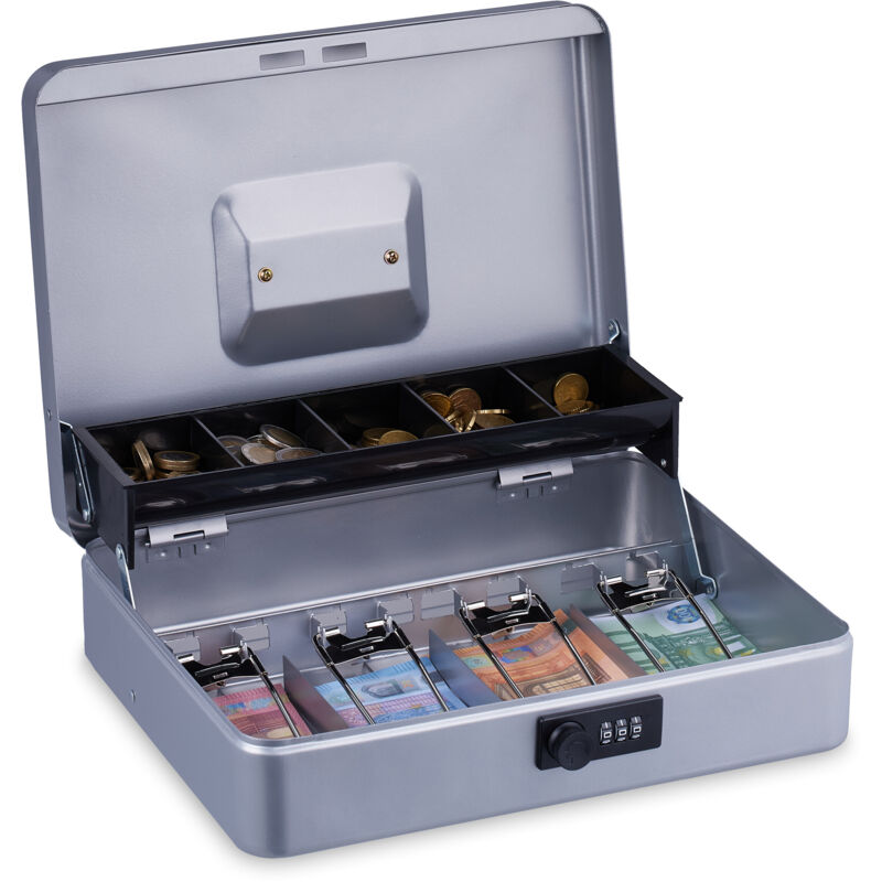 foto del prodotto relaxdays cassetta con combinazione numerica a 3 cifre, porta soldi con inserto per monete e 4 scomparti, ferro, argento