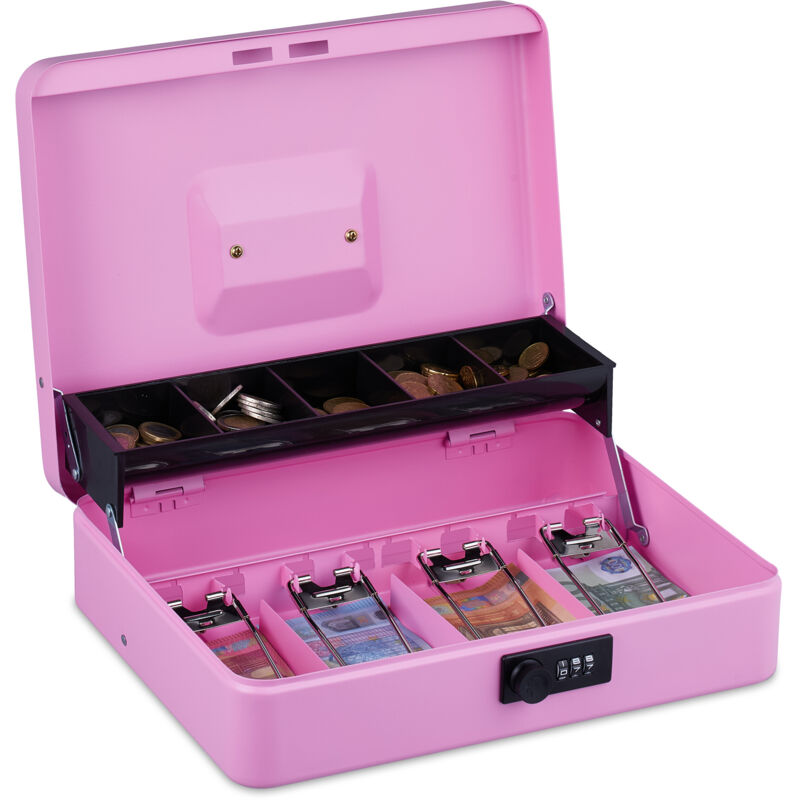 foto del prodotto relaxdays cassetta con combinazione numerica a 3 cifre, porta soldi con inserto per monete e 4 scomparti, ferro, rosa