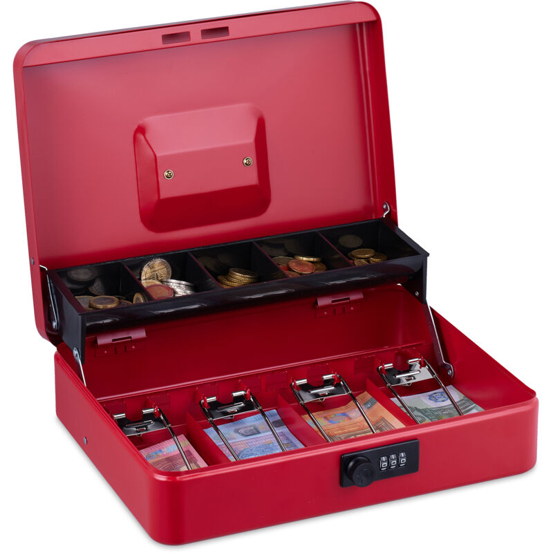 foto del prodotto relaxdays cassetta con combinazione numerica a 3 cifre, porta soldi con inserto per monete e 4 scomparti, ferro, rosso