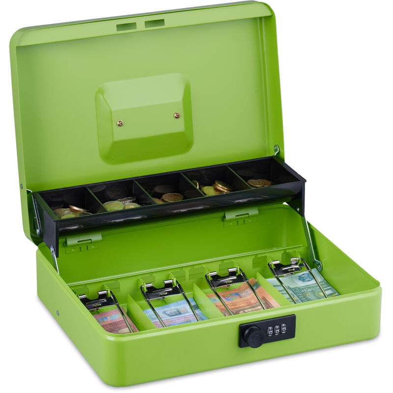 foto del prodotto relaxdays cassetta con combinazione numerica a 3 cifre, porta soldi con inserto per monete e 4 scomparti, ferro, verde