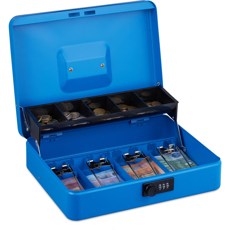 foto del prodotto relaxdays cassetta con combinazione numerica a 3 cifre, porta soldi con inserto per monete e 4 scomparti, n ferro, blu