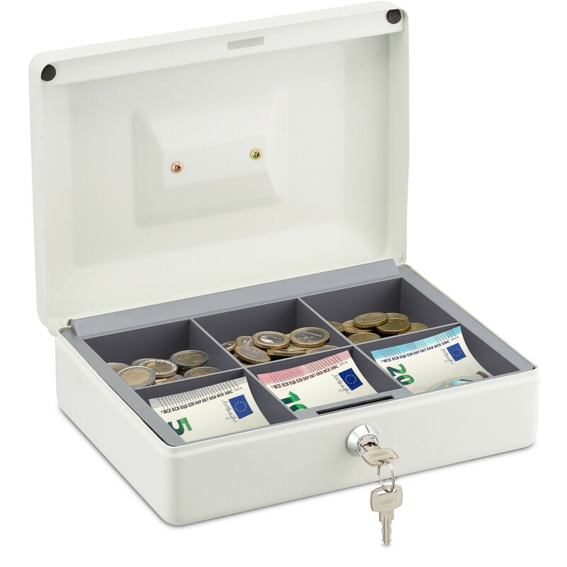 foto del prodotto relaxdays cassetta con serratura, porta soldi con chiave, per banconote e monete in ferro, hxlxp 9 x 25 x 18 cm, bianco