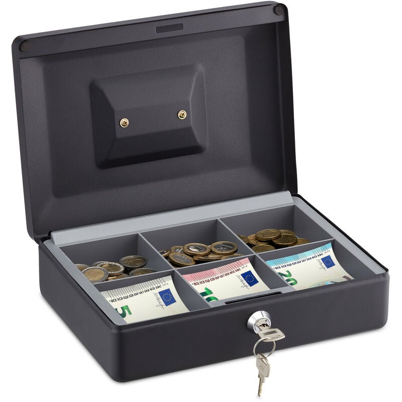 foto del prodotto relaxdays cassetta con serratura, porta soldi con chiave, per banconote e monete in ferro, hxlxp 9 x 25 x 18 cm, nero