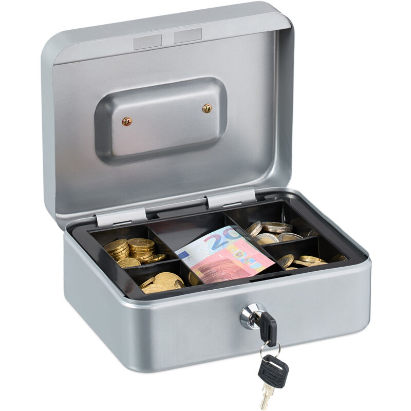 foto del prodotto relaxdays cassetta con serratura, porta soldi con inserto rimovibile, 5 scomparti, in ferro, 8,5 x 20 x 17 cm, argento